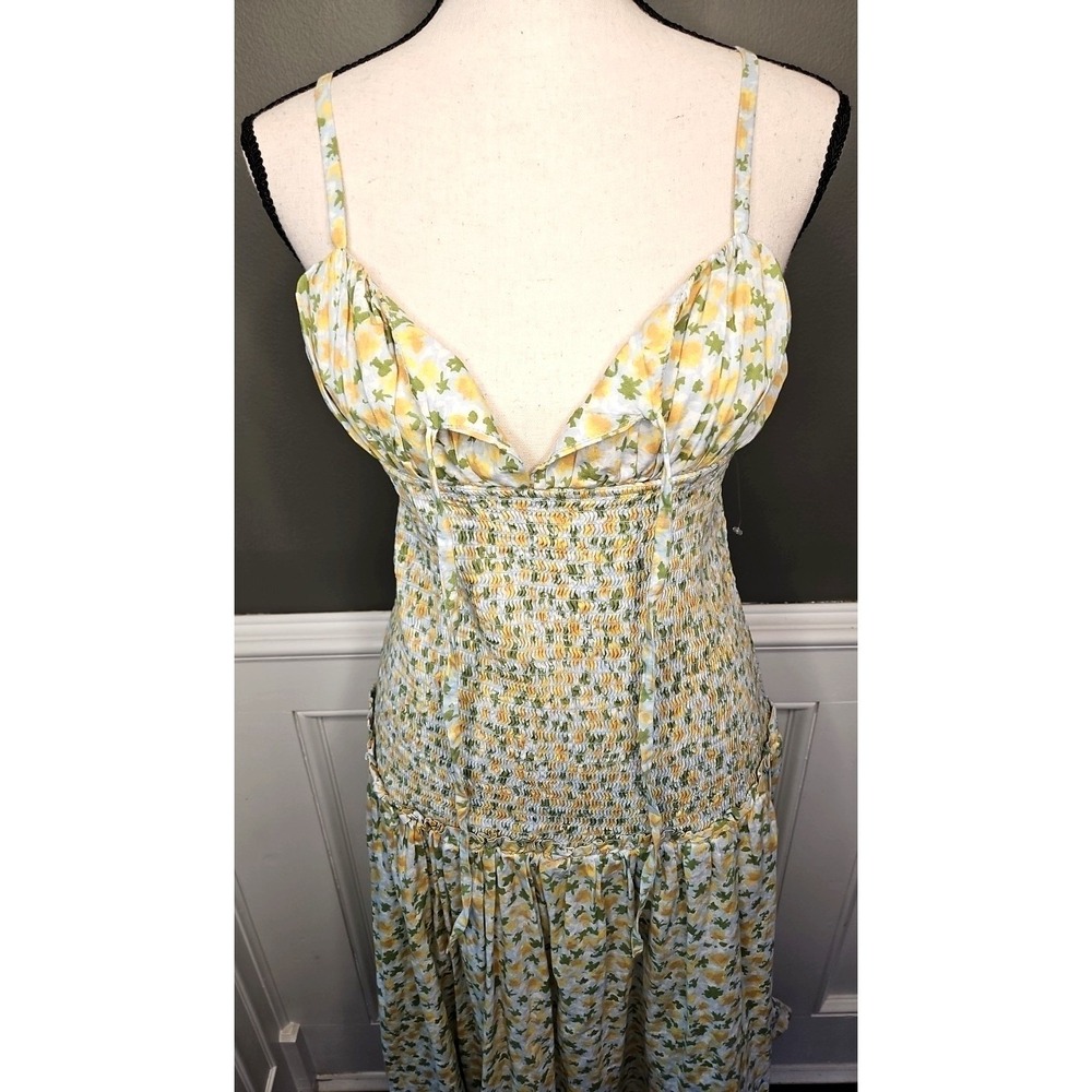 Free People Lavender Daze Green Yellow Dress Med Smocked Drop Waist Cottage NWOT - Picture 3 of 10